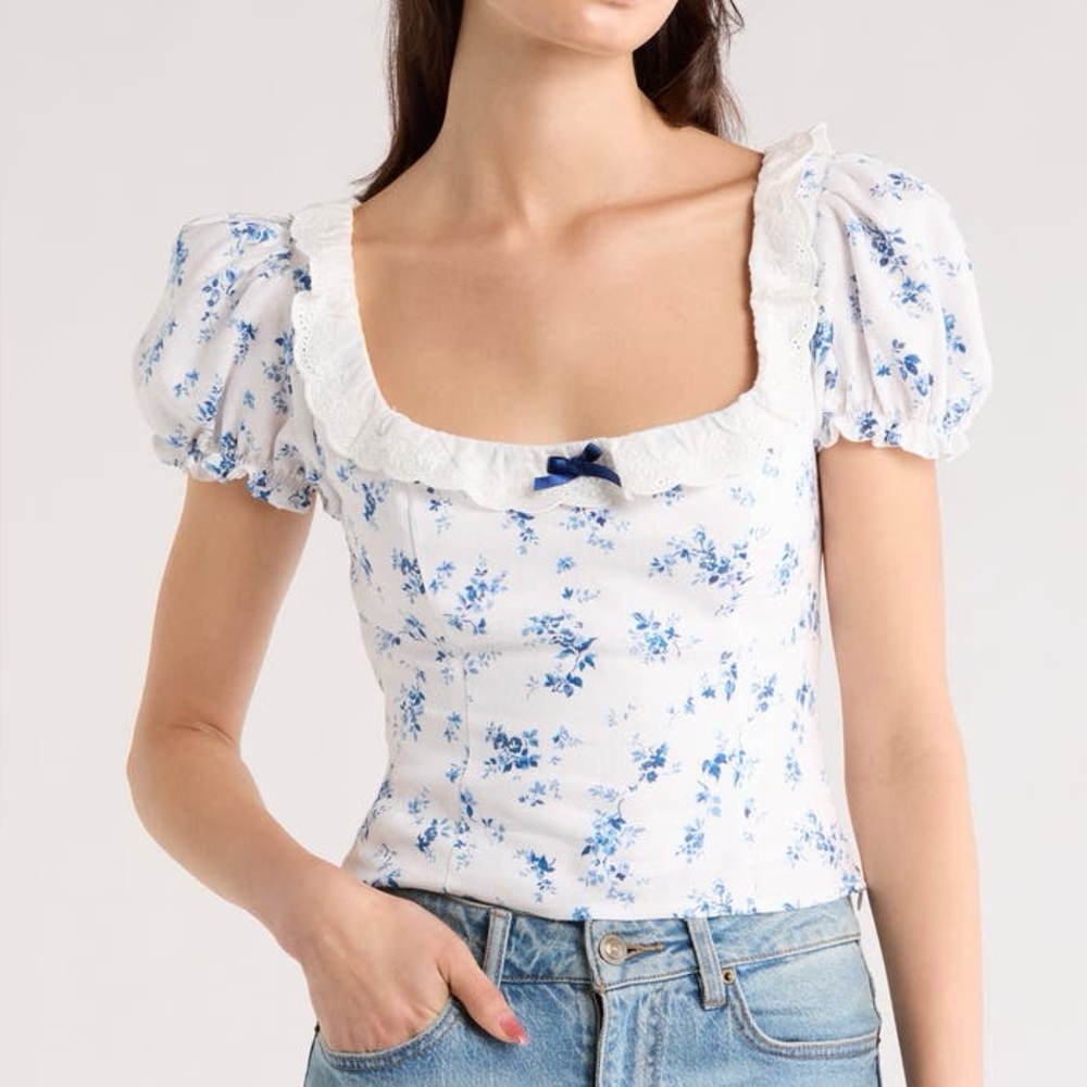Reformation Alice Lace Trim Puff Sleeve Crop Top